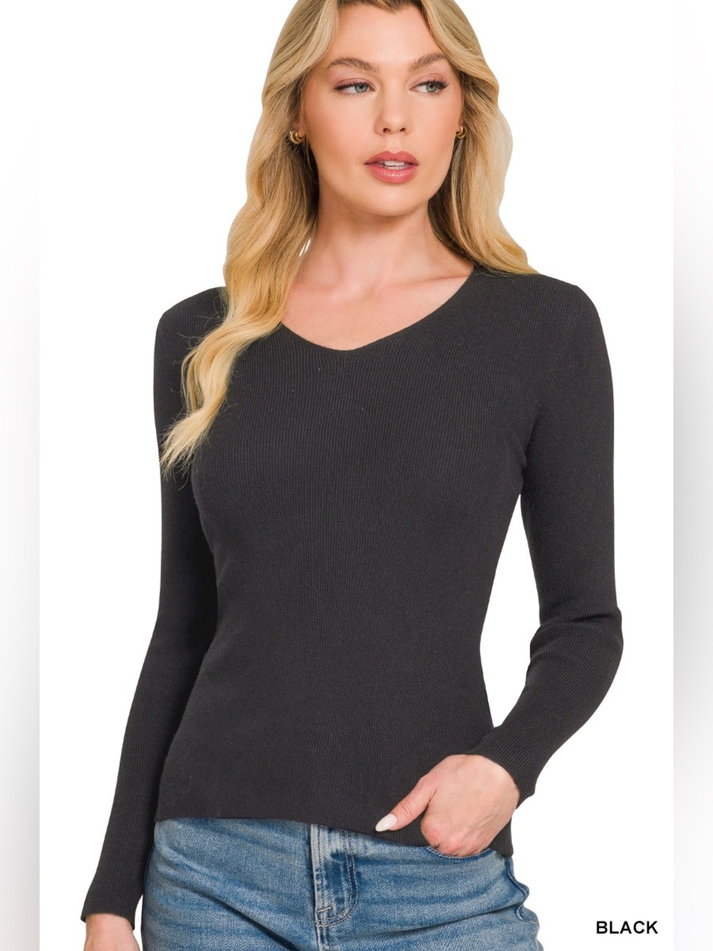 Zenana Black Viscose Fitted V-Neck Sweater
